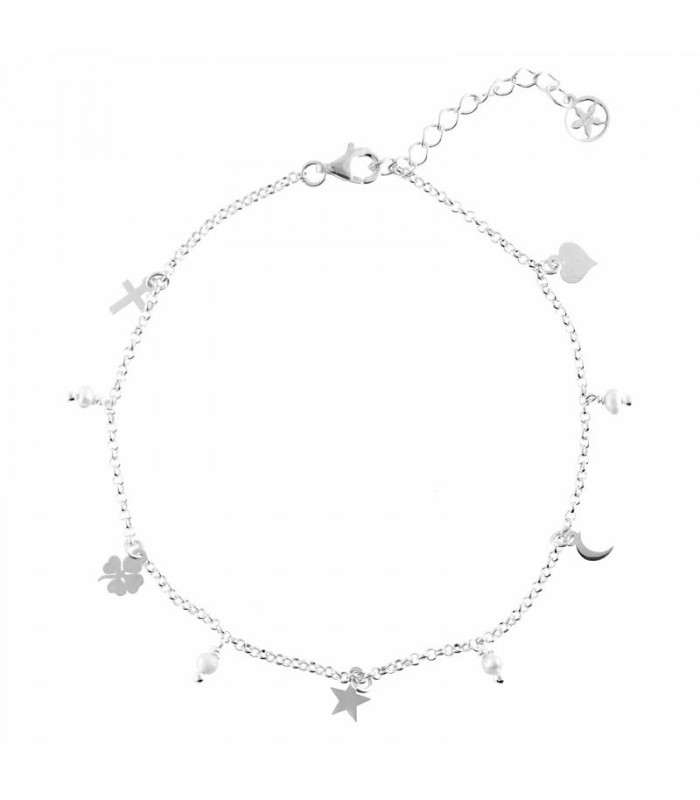 Clover, cross, star, moon and heart anklet