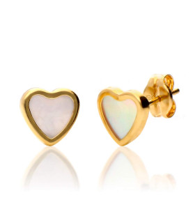 Heart-shaped mother-of-pearl earrings with gold bezel.