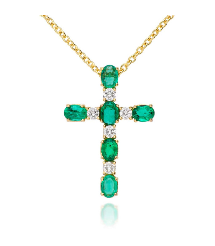 Women's cross-shaped necklace with diamonds and emeralds