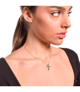 Women's cross-shaped necklace with diamonds and emeralds