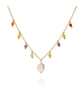 Central pearl necklace with hanging multicolored stones