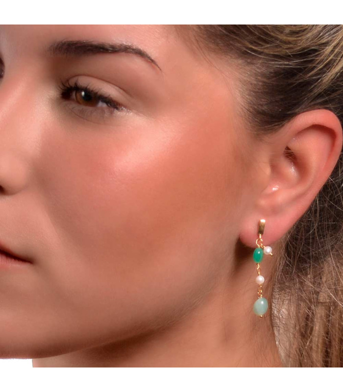 Long earrings in gold-plated silver with pearls and amazonite stones