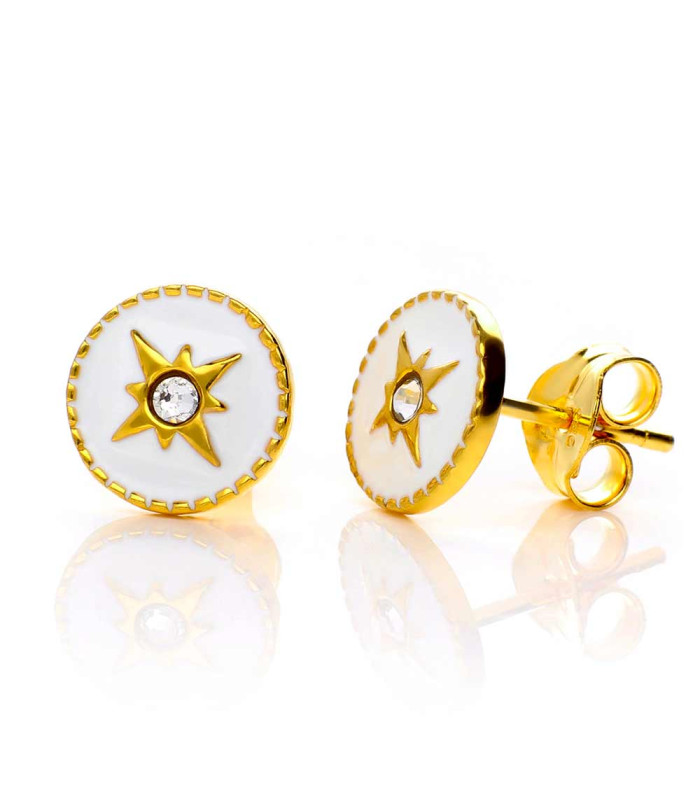 Gold polar star and white enamel earrings