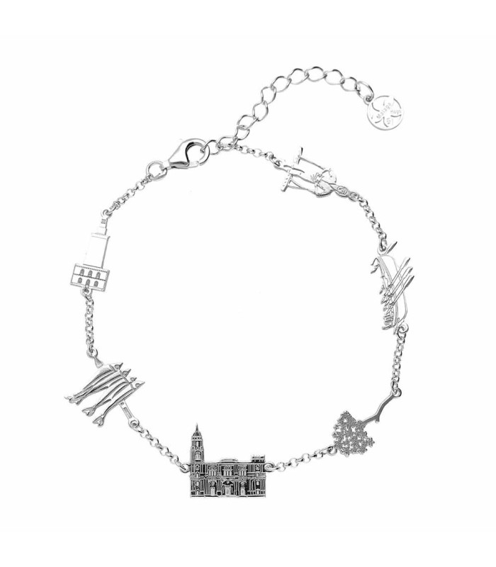 Pulsera de Málaga en plata, con los monumentos típicos malagueños.