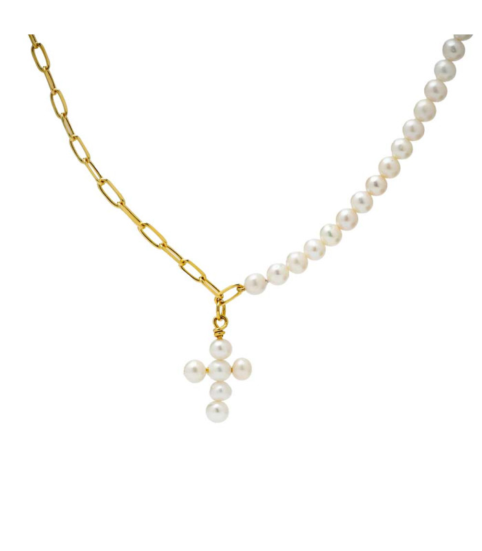 Java necklace with pearl cross pendant and gold chains