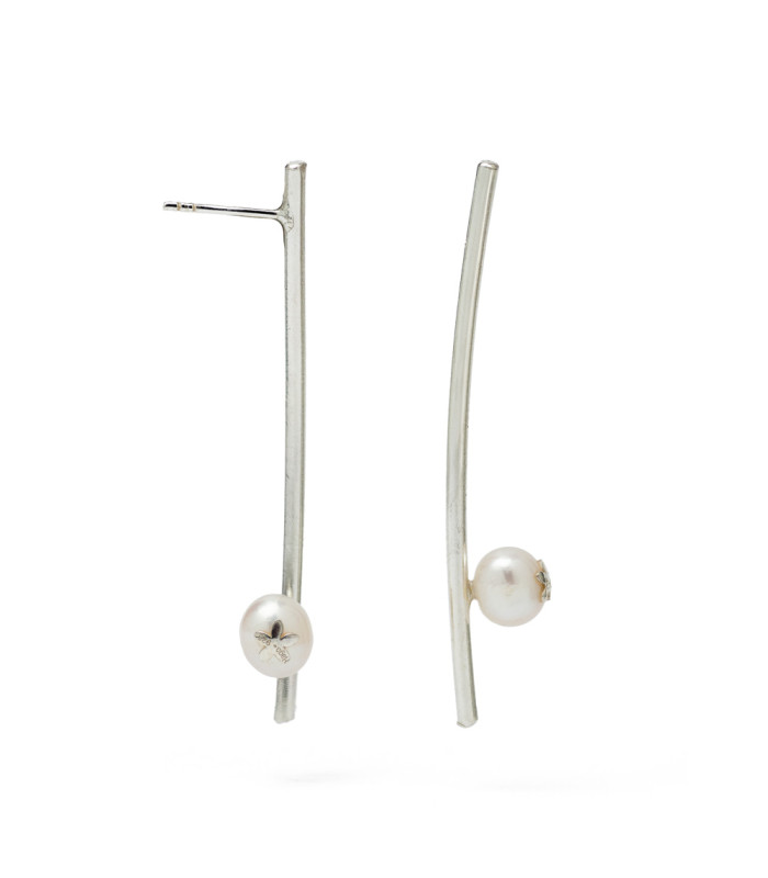 Long silver earrings with a pearl at the end