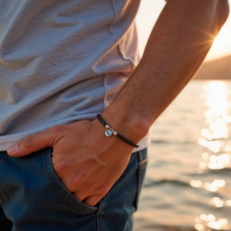 Personalized dad bracelet with braided leather