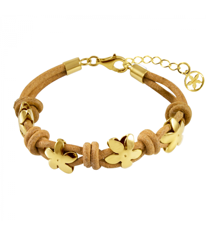 Pulsera de cuero y jazmines chapados en oro 18k